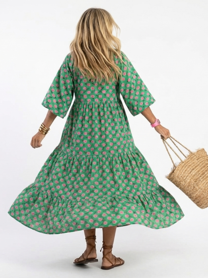 Fiora | Robe Midi à Étages Col V Imprimé Floral
