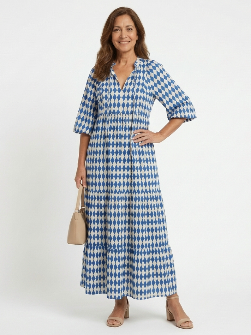 Elodie | Diamond-Print Ruffle-Hem Dress