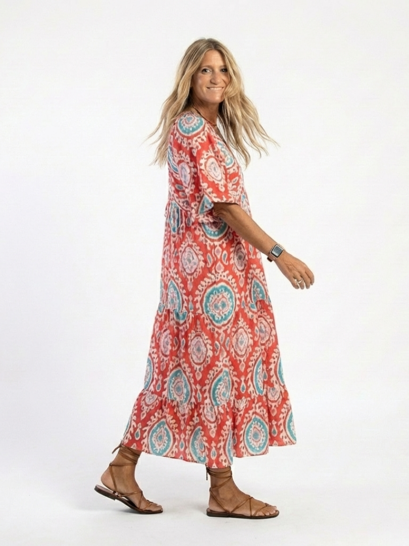 Zaria | Robe Midi à Manches Courtes Col V Imprimé Cachemire