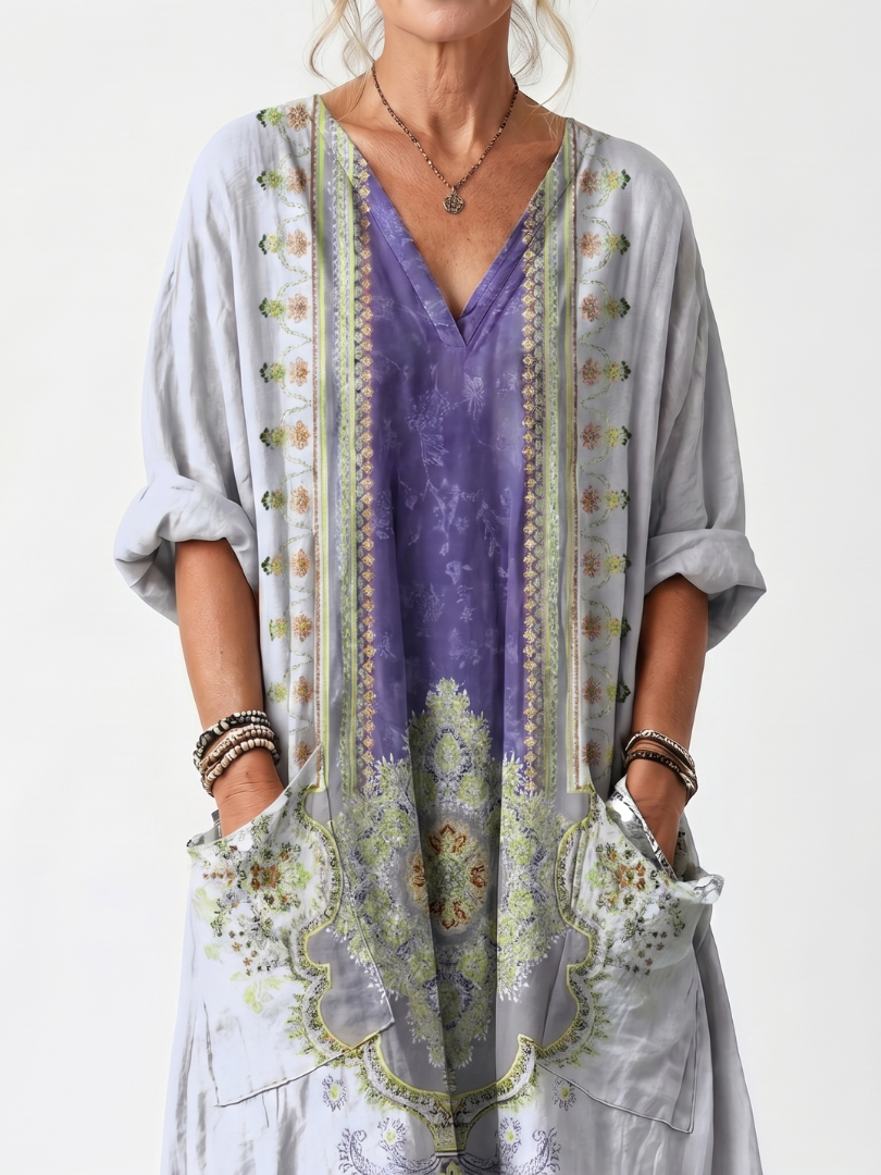 Raina | Robe Midi Oversize à Empiècement Contrastant Brodé avec Poches