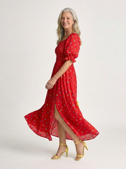 Delphine | Square-Neck Floral Print Midi Dress