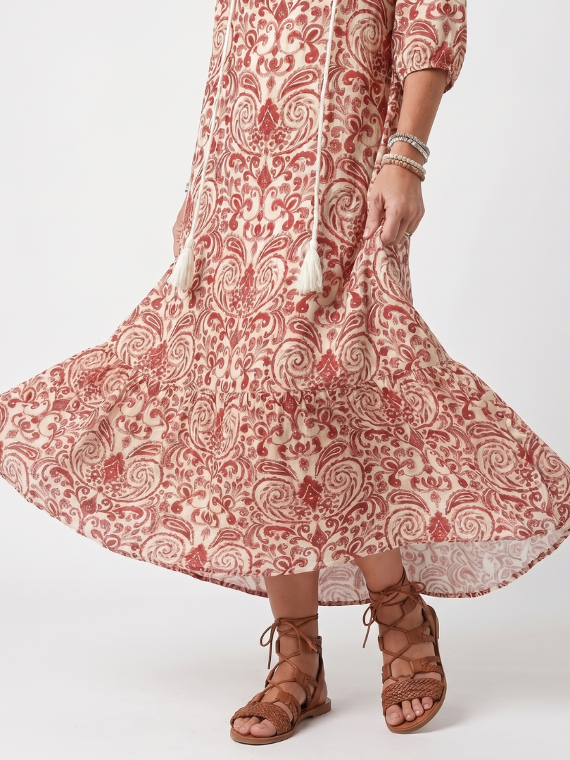 Noelle | Robe Midi à Nouer Imprimé Ornemental