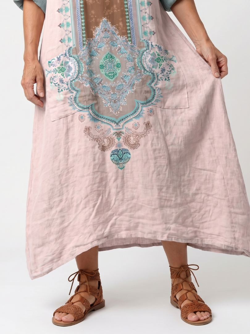 Kenza | Robe Midi Décontractée à Empiècement Brodé avec Poches