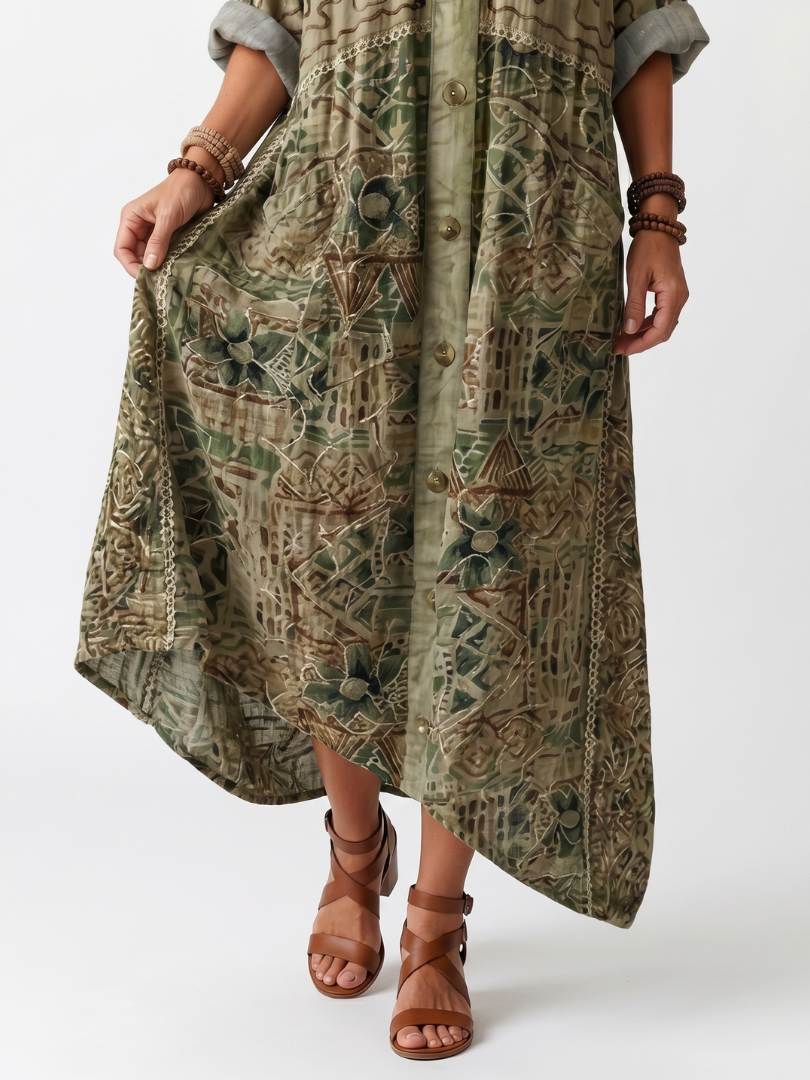 Aleta | Robe Midi Oversize Boutonnée Brodée avec Poches