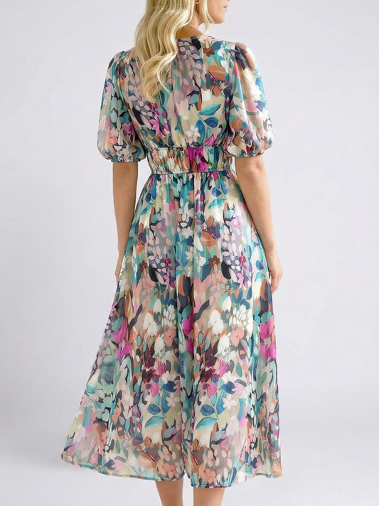Eulalie | Ruched-Waist Short-Sleeve V-Neck Midi Dress