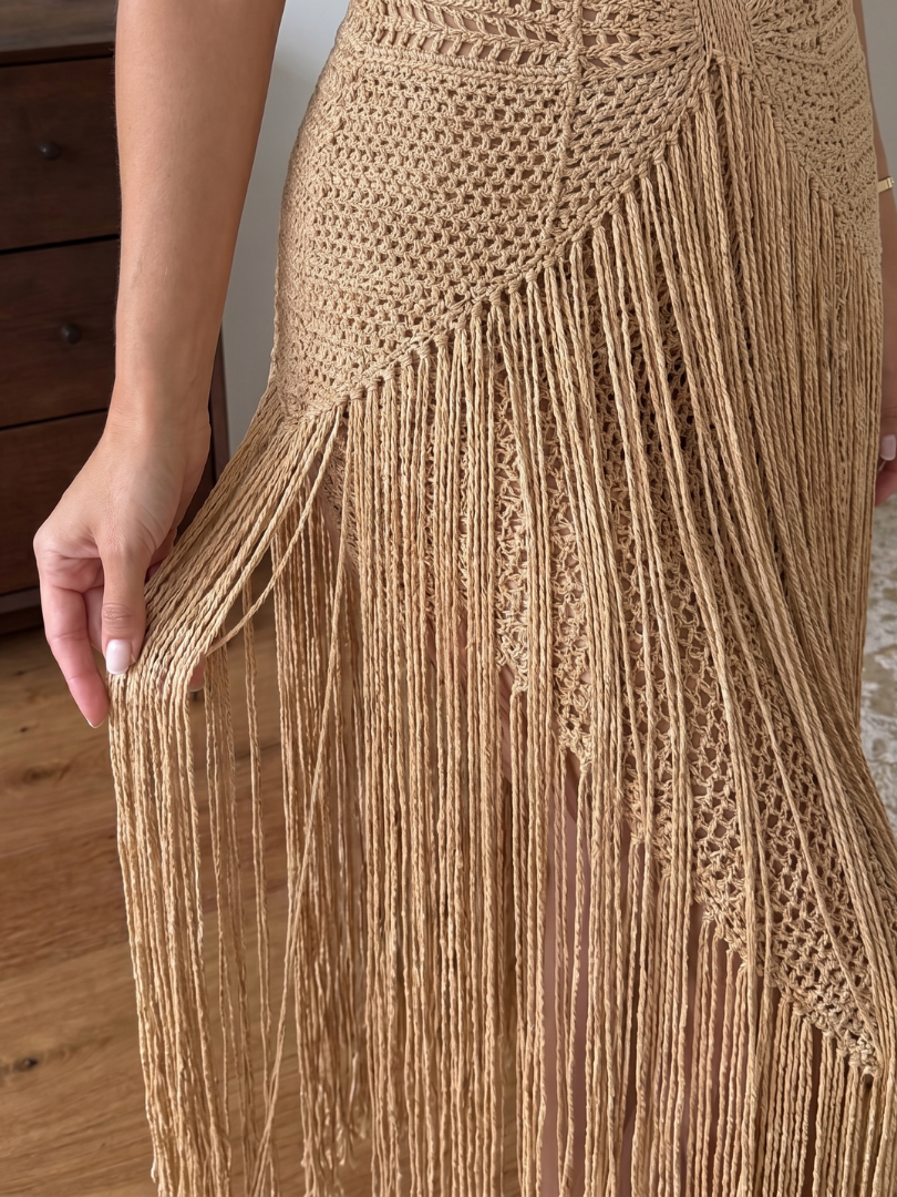 Zampa | Halter Neck Crochet Fringe Detail Maxi Dress