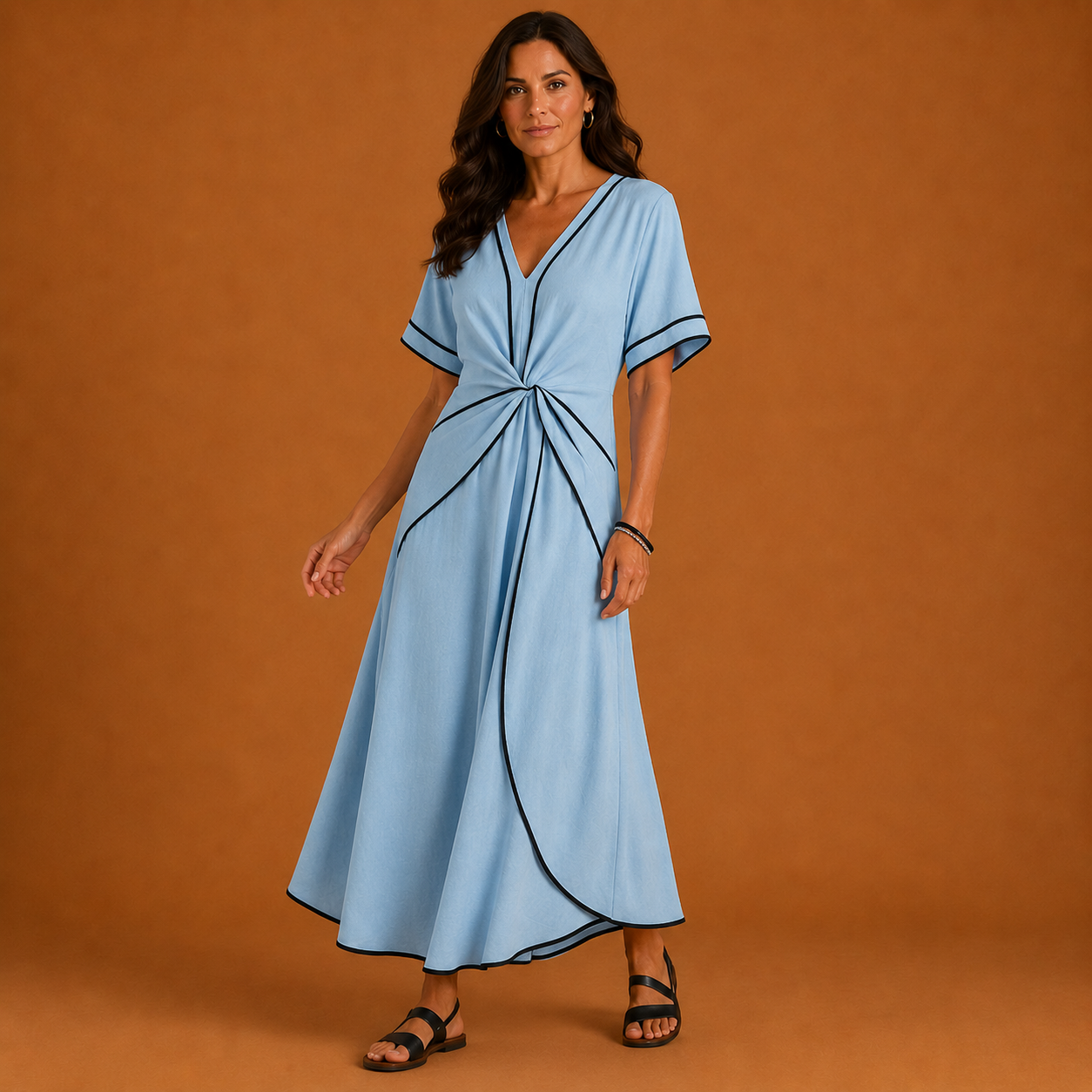 RACHEL | V Neck Short Sleeve Gathered Waist Midi Dress