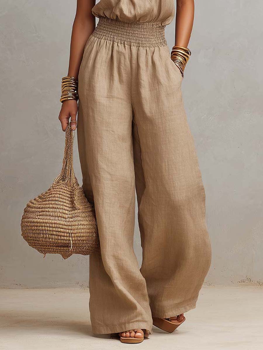 Tan Cotton-Linen Halter Wide-Leg Jumpsuit