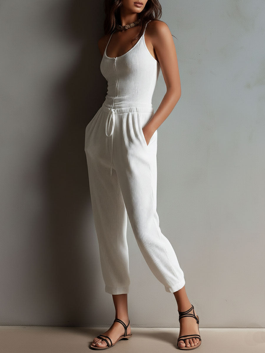 White Ribbed Boho Jumpsuit with Adjustable Waist