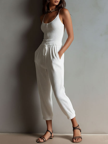 White Ribbed Boho Jumpsuit with Adjustable Waist