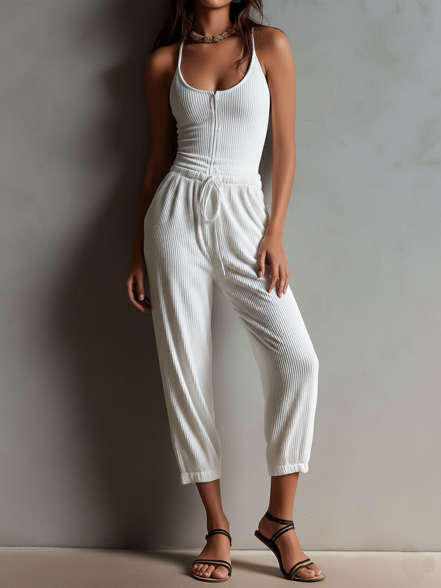 White Ribbed Boho Jumpsuit with Adjustable Waist