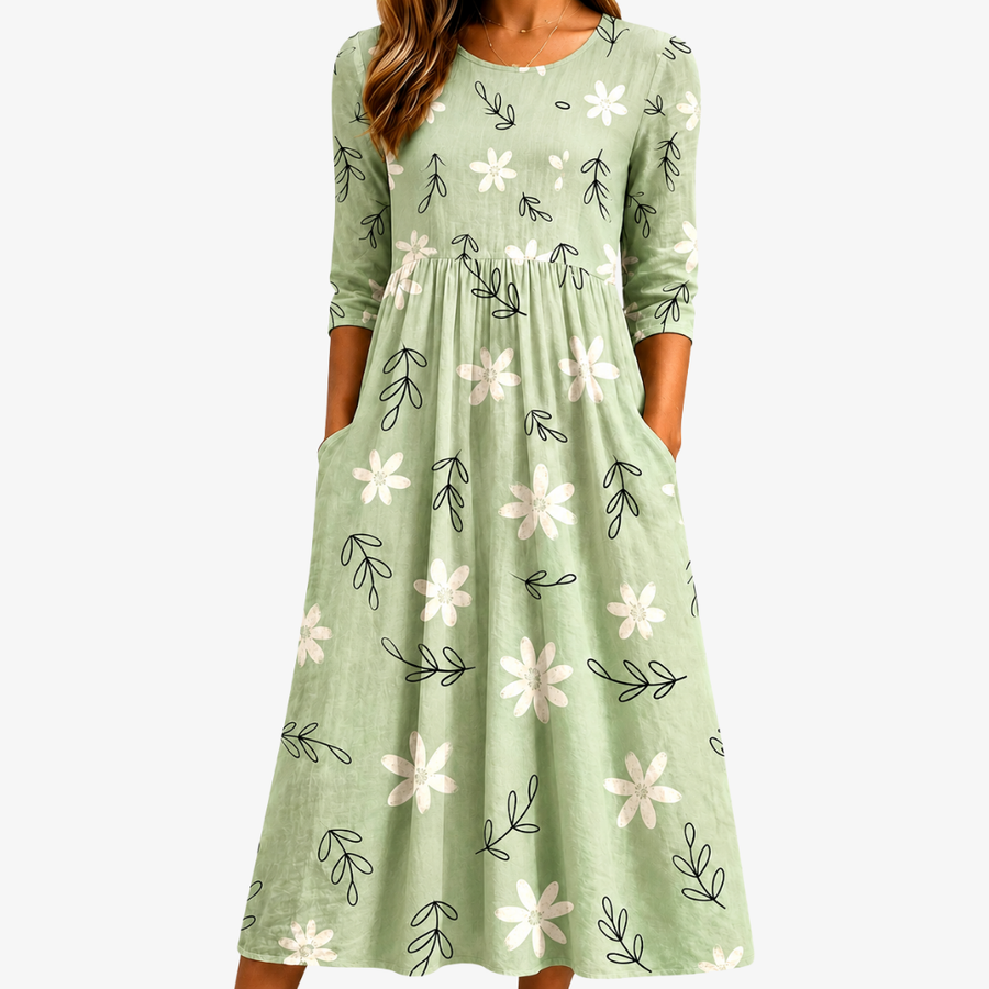 Everyday Pocket Sage Blossom Midi Dress - women's midi dress