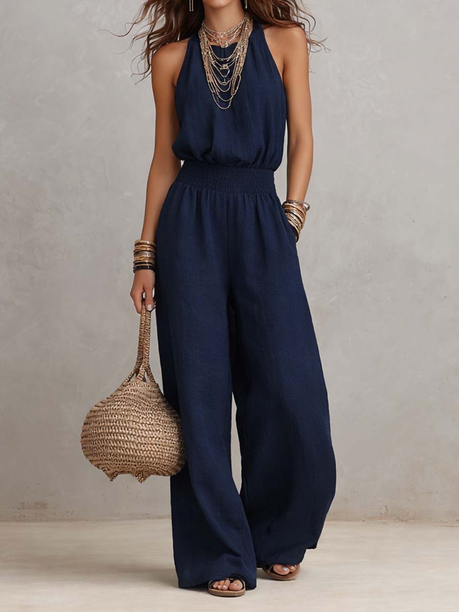 Tan Cotton-Linen Halter Wide-Leg Jumpsuit