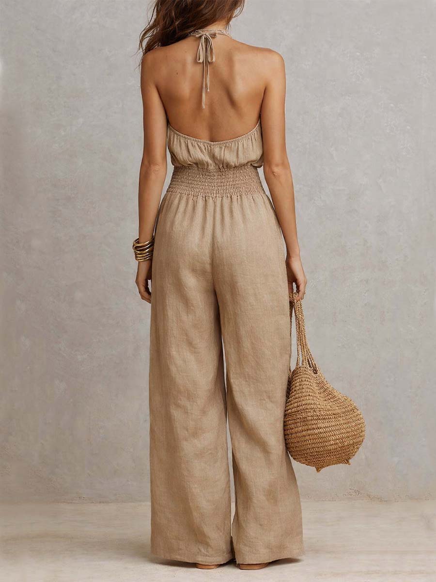 Tan Cotton-Linen Halter Wide-Leg Jumpsuit
