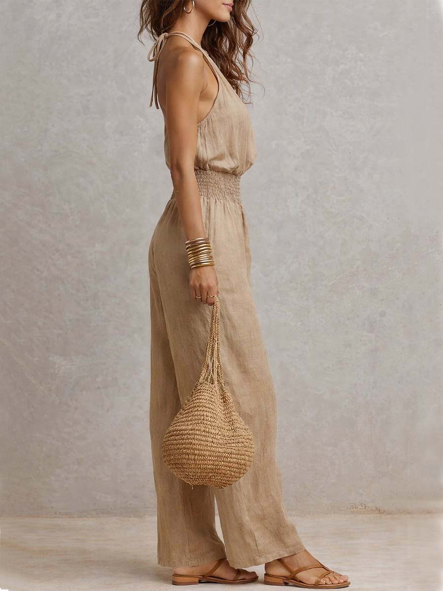 Tan Cotton-Linen Halter Wide-Leg Jumpsuit
