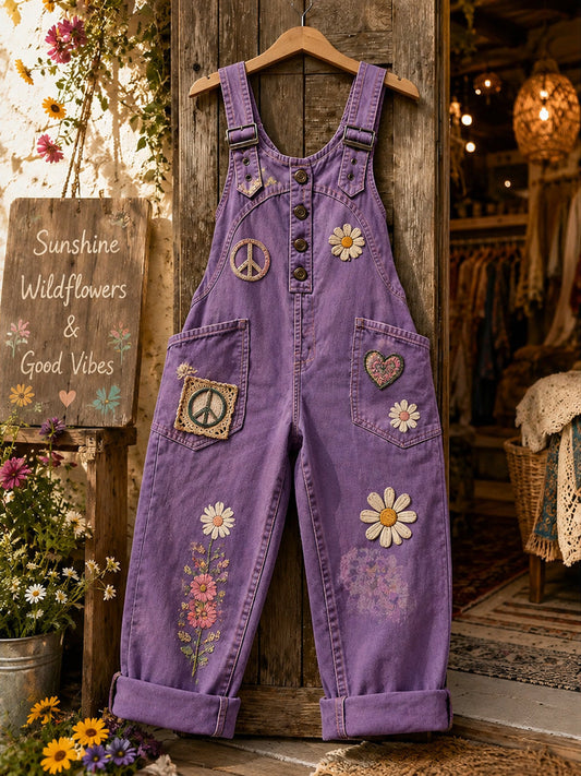 Women's Retro Style Art Print Washed Cotton Denim Patchwork Jumpsuit
