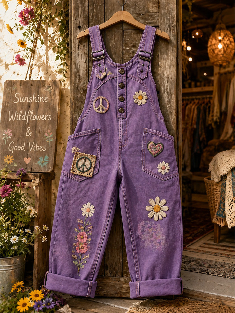 Women's Retro Style Art Print Washed Cotton Denim Patchwork Jumpsuit