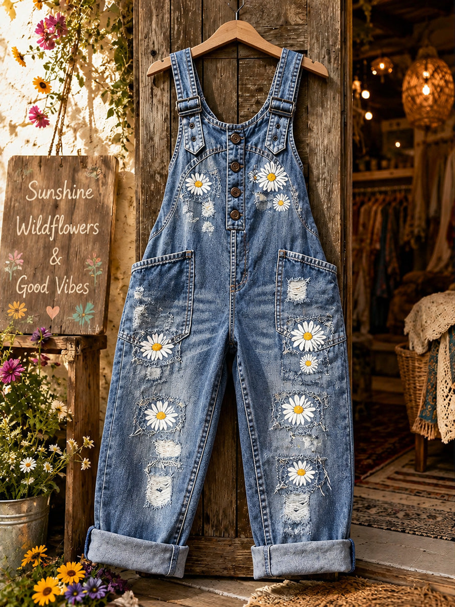 Women's Retro Style Art Print Washed Cotton Denim Patchwork Jumpsuit