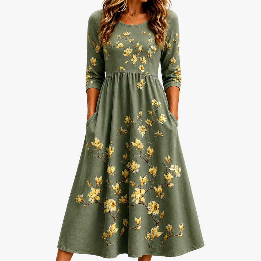 Pocket Sage Blossom Grace Midi Dress - women's midi dress