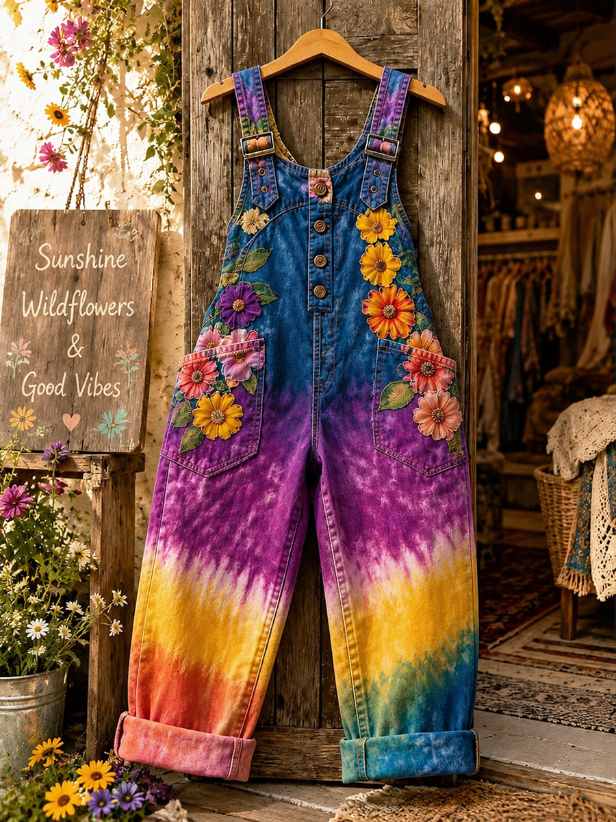 Women's Retro Style Art Print Washed Cotton Denim Patchwork Jumpsuit