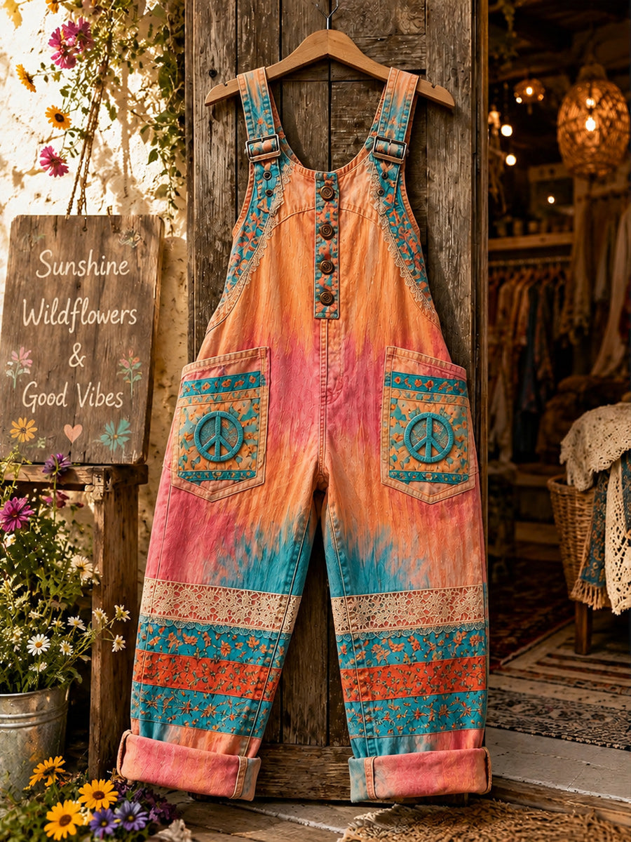 Women's Retro Style Art Print Washed Cotton Denim Patchwork Jumpsuit