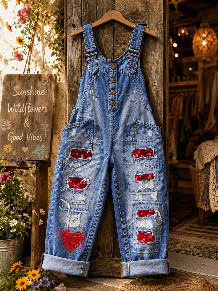 Women's Retro Style Art Print Washed Cotton Denim Patchwork Jumpsuit