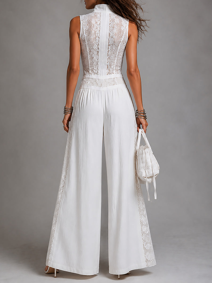 Retro High-Neck Wide-Leg Lace Jumpsuit