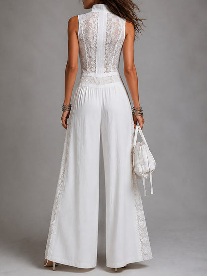 Retro High-Neck Wide-Leg Lace Jumpsuit
