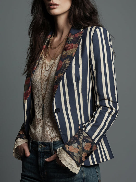 Marina | Boho Floral Print Striped Blazer