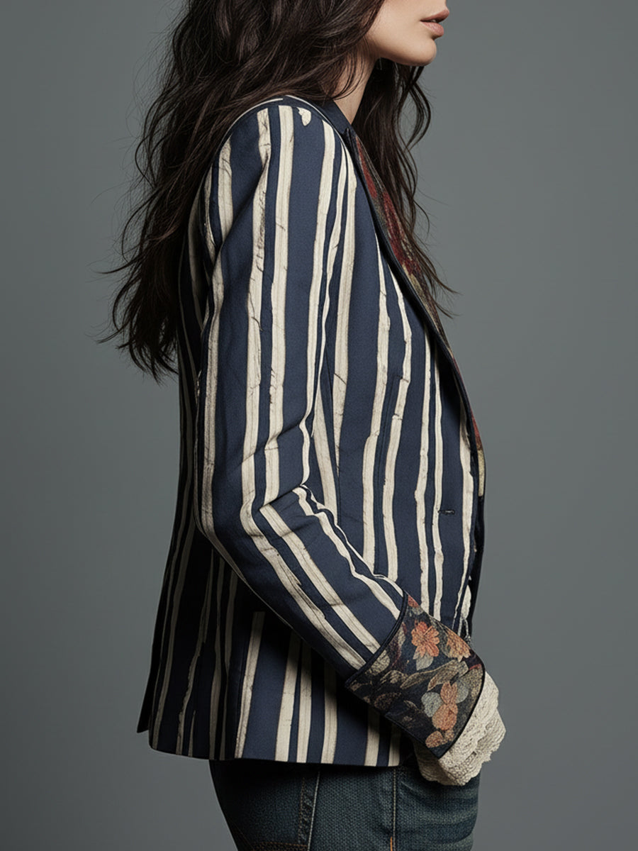 Marina | Boho Floral Print Striped Blazer