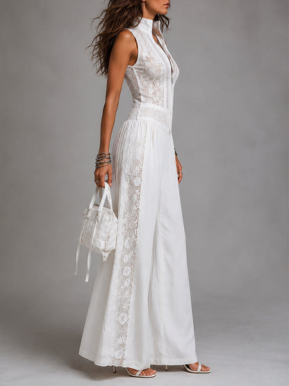 Retro High-Neck Wide-Leg Lace Jumpsuit
