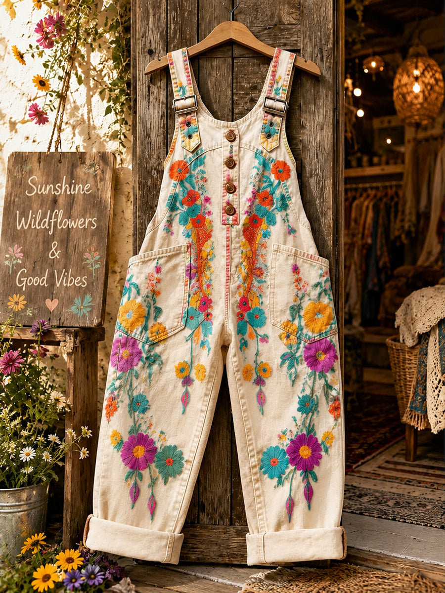 Women's Retro Style Art Print Washed Cotton Denim Patchwork Jumpsuit