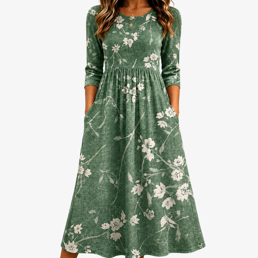 Relaxed Pocket Evergreen Bloom Midi Dress - women's midi dress