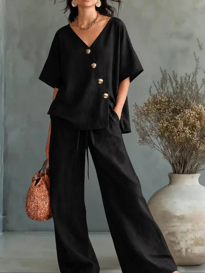 Greta | V-Neck Button Shirt Set
