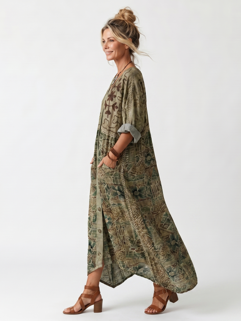 Aleta | Robe Midi Oversize Boutonnée Brodée avec Poches
