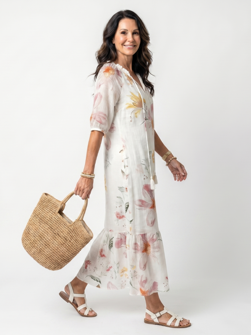 Noa | Robe Midi à Étages et Pompons Imprimé Floral Doux