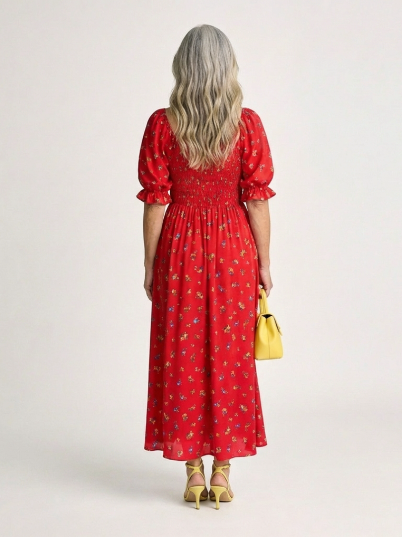 Delphine | Square-Neck Floral Print Midi Dress