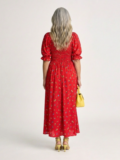 Delphine | Square-Neck Floral Print Midi Dress