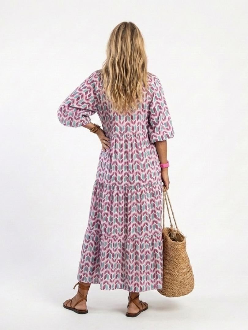 Mireya | Robe Midi à Étages Manches Longues Imprimé Géométrique