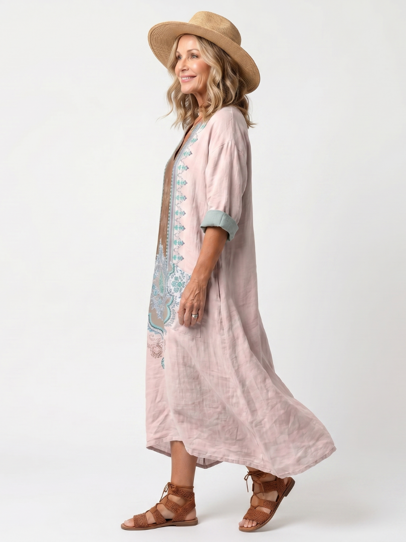 Kenza | Robe Midi Décontractée à Empiècement Brodé avec Poches