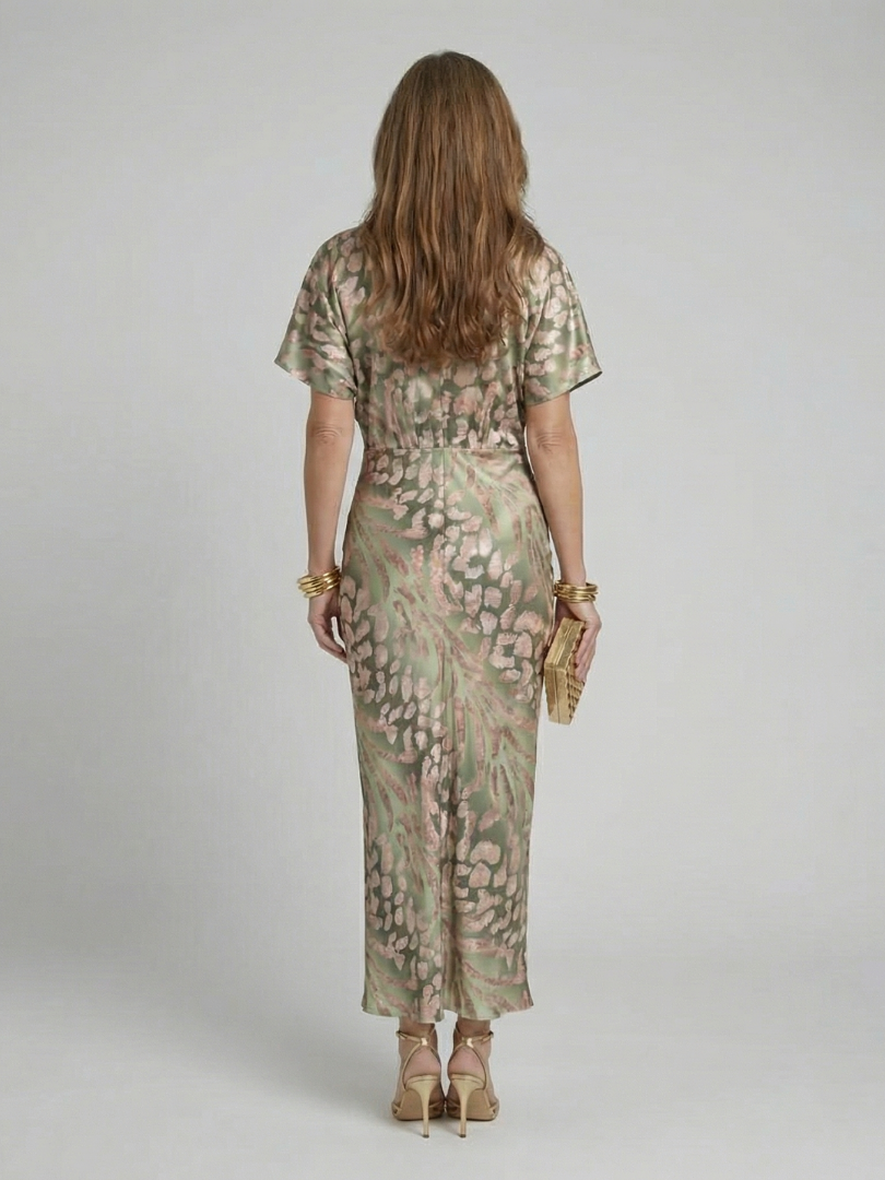 Coralie | Abstract Print V-Neck Cinched-Waist Midi Dress