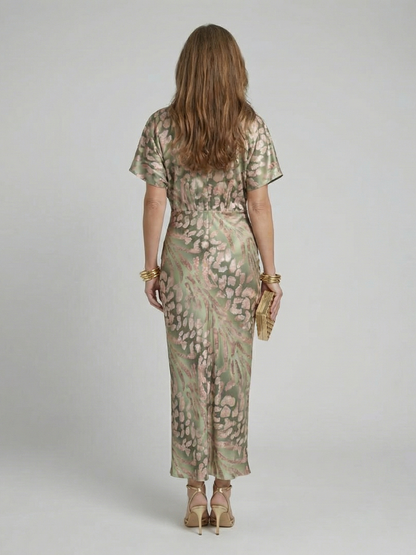 Coralie | Abstract Print V-Neck Cinched-Waist Midi Dress