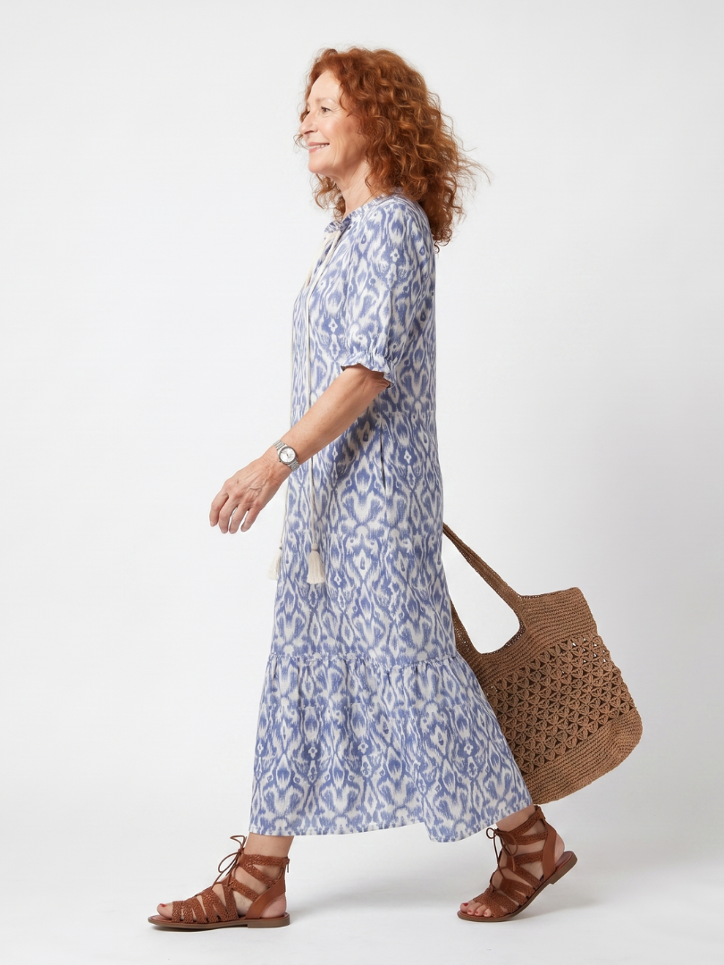 Ottoline | Robe Midi Imprimée à Col Noué avec Pompons