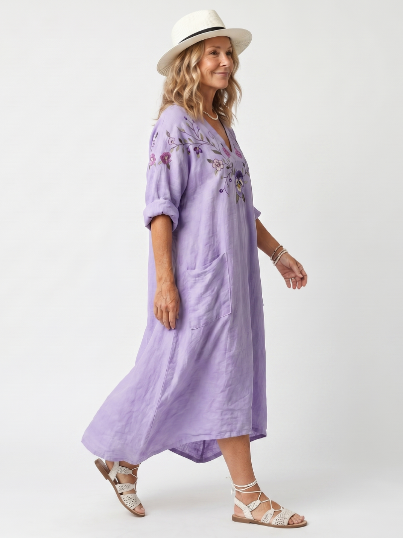 Tavi | Robe Midi Oversize Brodée Fleurs avec Poches