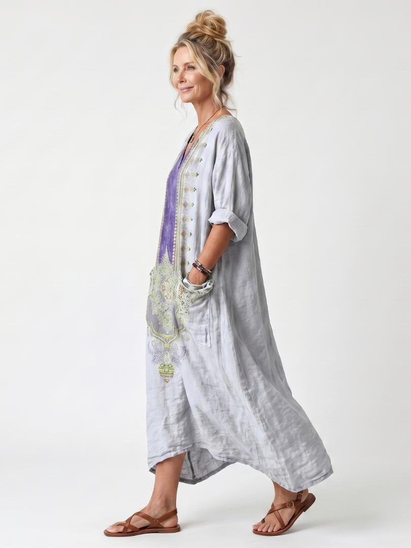 Raina | Robe Midi Oversize à Empiècement Contrastant Brodé avec Poches