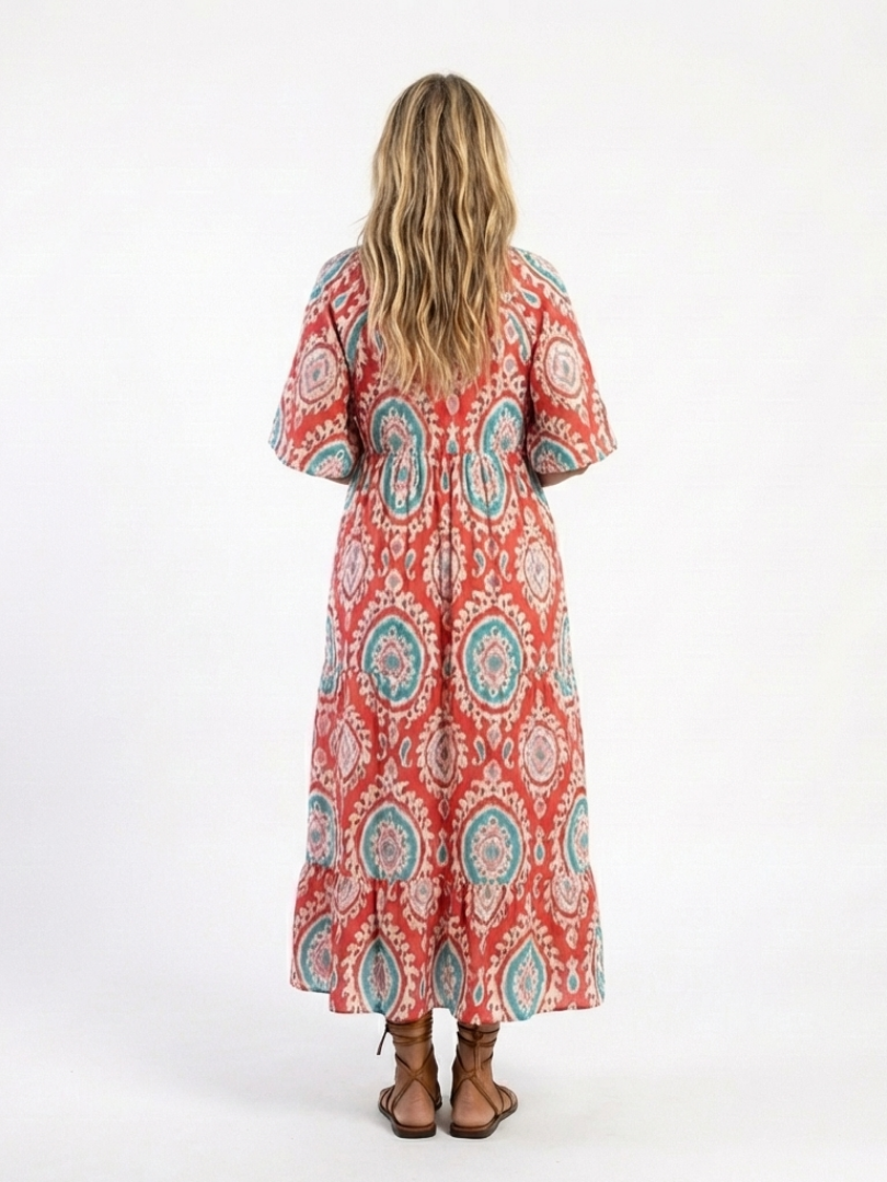 Zaria | Robe Midi à Manches Courtes Col V Imprimé Cachemire