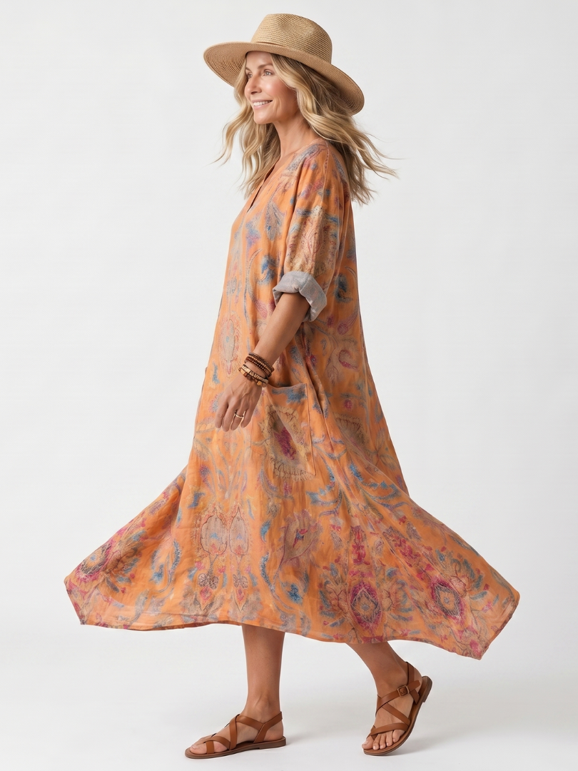 Remi | Robe Midi Oversize à Col Cranté Imprimée avec Poches