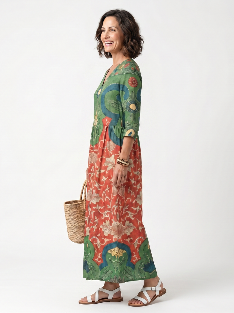 Sloane | Robe Midi à Col V Imprimé Mixte avec Poches