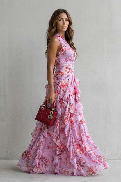 Belladina | Romantic Rose Halter Maxi Dress