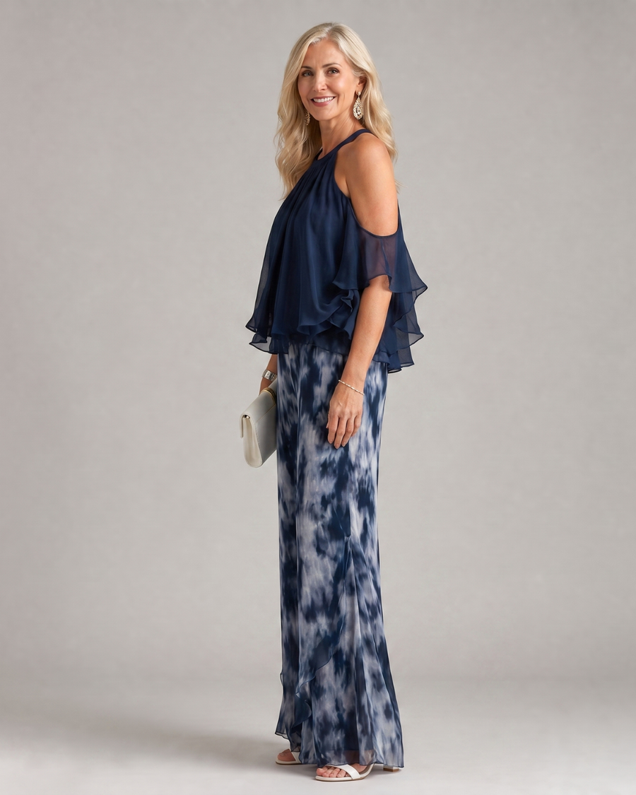 Xylara | Layered Halter Neck Printed Wide Leg Jumpsuit